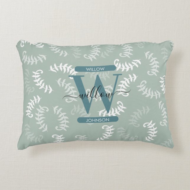 Monogramm der aquamarinen grünen botanischen Blätt Dekokissen (Vorderseite)