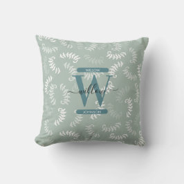 Monogramm der aquamarinen grünen botanischen Blätt Kissen