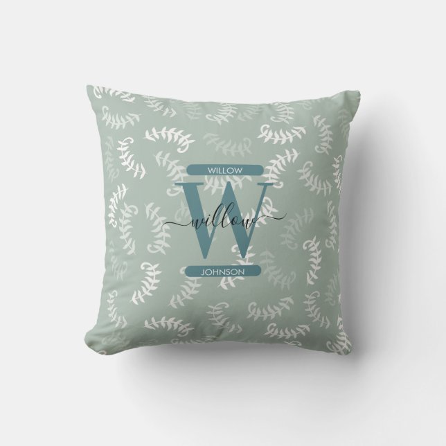 Monogramm der aquamarinen grünen botanischen Blätt Kissen (Vorderseite)
