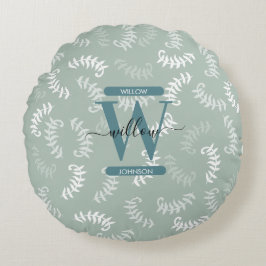 Monogramm der aquamarinen grünen botanischen Blätt Rundes Kissen