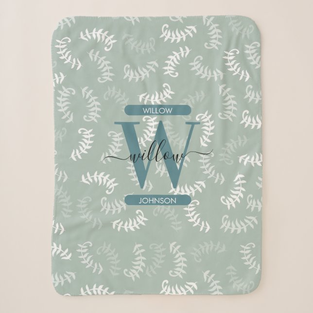 Monogramm der aquamarinen grünen botanischen Blätt Sherpadecke (Vorderseite)