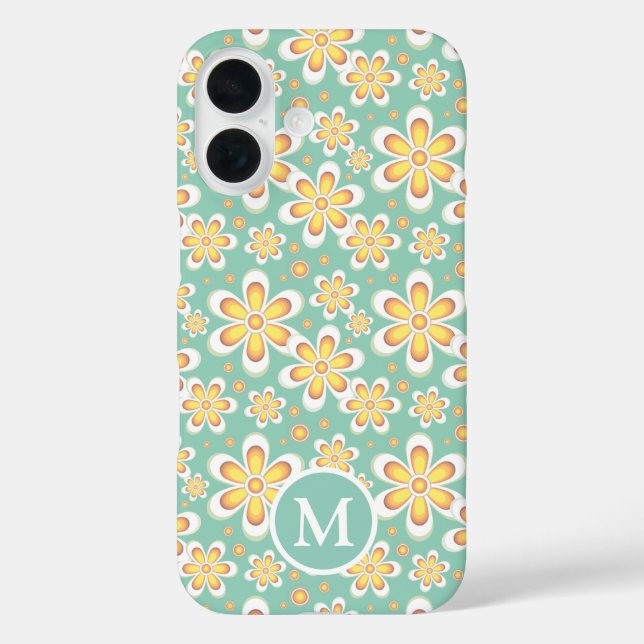 Monogramm der aquamarinen und gelben Blume iPhone 16 Hülle (Rückseite)