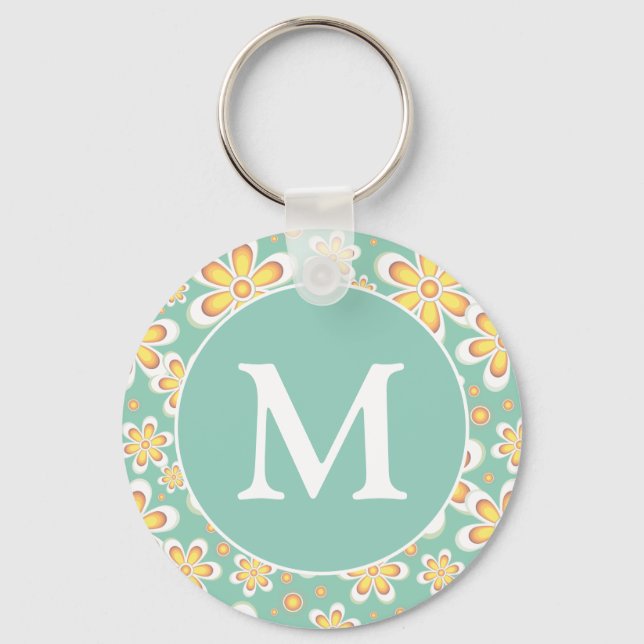 Monogramm der aquamarinen und gelben Blume Schlüsselanhänger (Vorderseite)