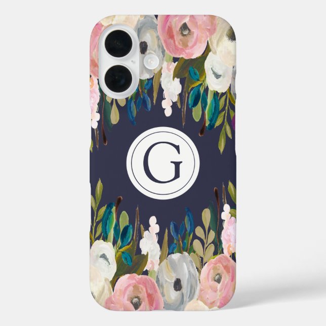 Monogramm der bemalten Floral Navy iPhone 6 Fall iPhone 16 Hülle (Rückseite)