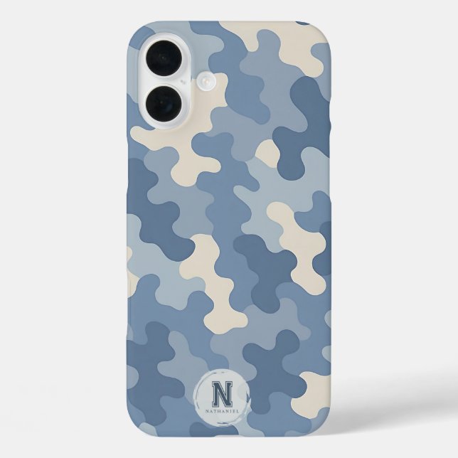 Monogramm der blauen Camouflage iPhone 16 Plus Hülle (Rückseite)
