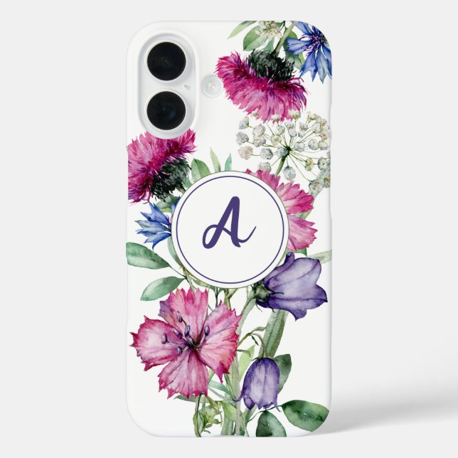Monogramm der blutblauen Wildblume iPhone 16 Hülle (Rückseite)