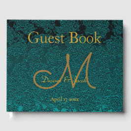 Monogramm der dunklen Aquamarinen Gold-Floral-Hoch Gästebuch