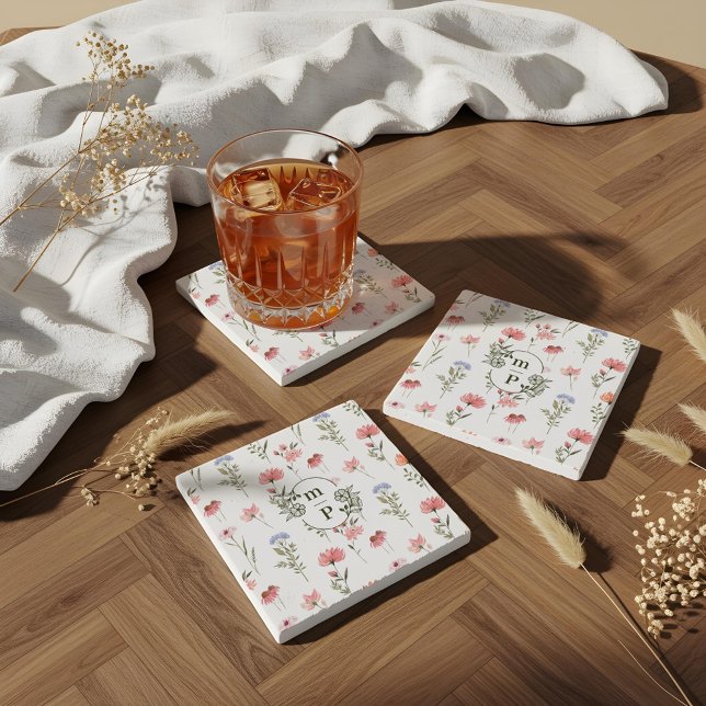 Monogramm der eleganten Aquarellfarben-Wildblume Steinuntersetzer (Elegant Watercolor Floral Wildflower Monogram Stone Coaster)