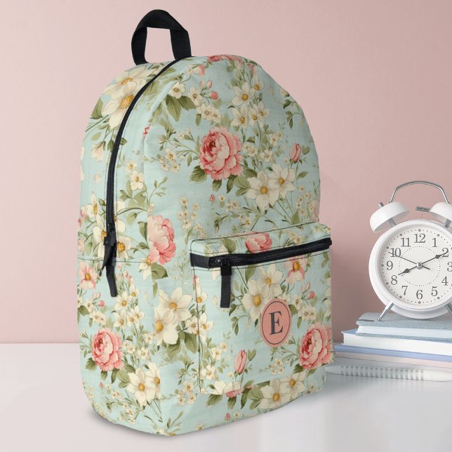 Monogramm der eleganten botanischen Girls Bedruckter Rucksack (A pretty floral girls school backpack. Personalize it with your monogram initial.)