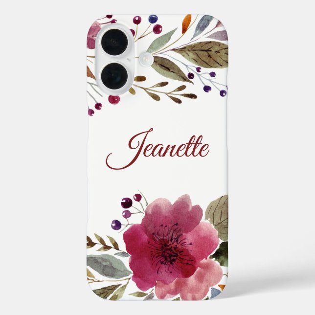 Monogramm der eleganten Burgundy-Blume iPhone 16 Hülle (Rückseite)