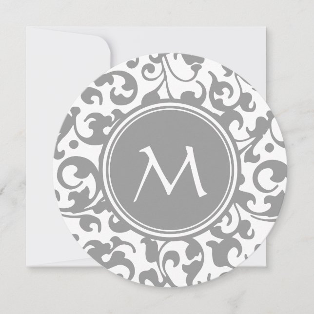 Monogramm der eleganten, grauen und weißen Damasku Einladung (Vorderseite)