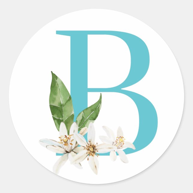 Monogramm der floralen Rose mit aquamarinem Buchst Runder Aufkleber (Vorderseite)