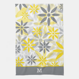 Monogramm der gelben grauen Blume Geschirrtuch