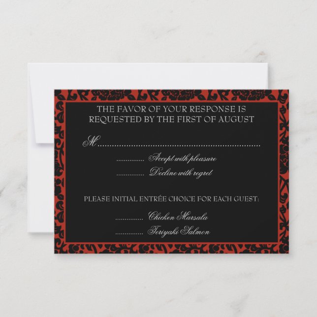 Monogramm der gotischen Blütenrot-schwarzen Damask RSVP Karte (Vorderseite)
