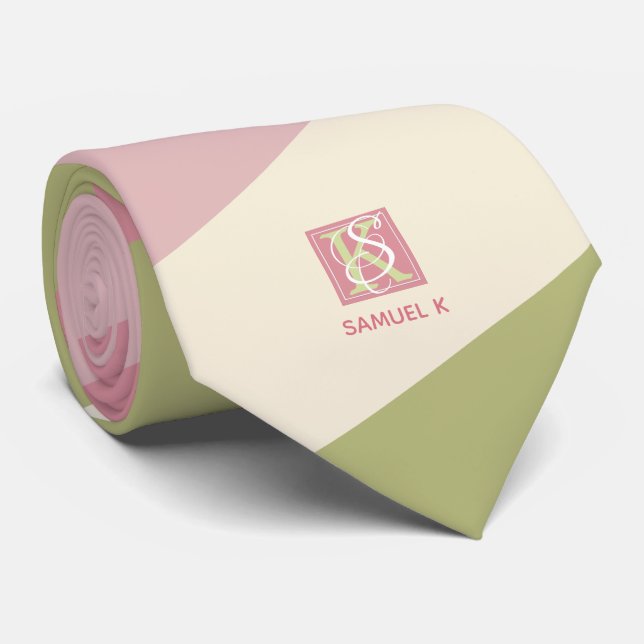 Monogramm der grauen Farbpalette der Creme Rose Krawatte (Gerollt)