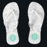 Monogramm der grauen und Aqua-Floral-Damask Flip Flops<br><div class="desc">Maßgeschneiderte,  bedruckte Flop-Sandalen mit einem eleganten,  floralen Damastmuster und einem eigenen Monogramm oder einem anderen Text in einem Kreissaal. Klicken Sie auf Anpassen,  um Schriftart und Farben zu ändern oder eigene Bilder hinzuzufügen,  um ein einzigartiges Design zu erstellen!</div>