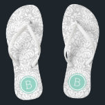 Monogramm der grauen und Aqua-Floral-Damask Flip Flops<br><div class="desc">Maßgeschneiderte,  bedruckte Flop-Sandalen mit einem eleganten,  floralen Damastmuster und einem eigenen Monogramm oder einem anderen Text in einem Kreissaal. Klicken Sie auf Anpassen,  um Schriftart und Farben zu ändern oder eigene Bilder hinzuzufügen,  um ein einzigartiges Design zu erstellen!</div>