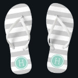 Monogramm der grauen und Aqua Preppy Stripes Flip Flops<br><div class="desc">Maßgeschneiderte,  bedruckte Flop-Sandalen mit einem preppy-nautical-Stripe-Muster und einem eigenen Monogramm oder einem anderen Text in einem Circle-Rahmen. Klicken Sie auf Anpassen,  um Schriftart und Farben zu ändern oder eigene Bilder hinzuzufügen,  um ein einzigartiges Design zu erstellen!</div>