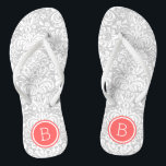 Monogramm der grauen und korallenfloralen Damaskus Flip Flops<br><div class="desc">Maßgeschneiderte,  bedruckte Flop-Sandalen mit einem eleganten,  floralen Damastmuster und einem eigenen Monogramm oder einem anderen Text in einem Kreissaal. Klicken Sie auf Anpassen,  um Schriftart und Farben zu ändern oder eigene Bilder hinzuzufügen,  um ein einzigartiges Design zu erstellen!</div>