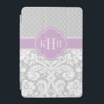 Monogramm der grauen und Lila Damask-Polka-Punkte iPad Mini Hülle<br><div class="desc">Das schicke,  moderne iPad Gehäuse-Design besticht durch eine Mischung aus preppy-Polka-Punkten und eleganten Vintagen Damast-Mustern,  personalisiert mit Ihren Monogramm-Initialen oder dem Namen in einem Quarrefolienrahmen. Klicken Sie auf Anpassen,  um den Schriftart und die Farben von Monogramm zu ändern,  um Ihr eigenes einzigartiges Design zu erstellen!</div>