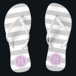 Monogramm der grauen und Lila Preppy-Streifen Flip Flops<br><div class="desc">Maßgeschneiderte,  bedruckte Flop-Sandalen mit einem preppy-nautical-Stripe-Muster und einem eigenen Monogramm oder einem anderen Text in einem Circle-Rahmen. Klicken Sie auf Anpassen,  um Schriftart und Farben zu ändern oder eigene Bilder hinzuzufügen,  um ein einzigartiges Design zu erstellen!</div>