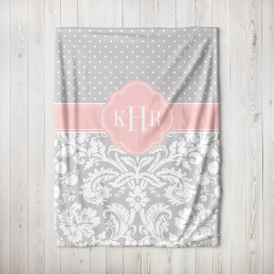 Monogramm der grauen und rosa Damaskus-Polka-Punkt Fleecedecke