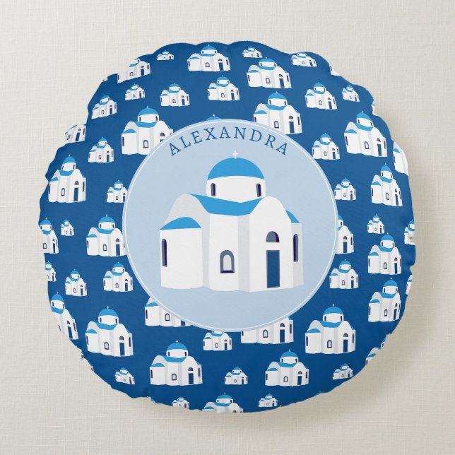 Monogramm der griechischen Insel Santorini Rundes Kissen (Vorderseite)
