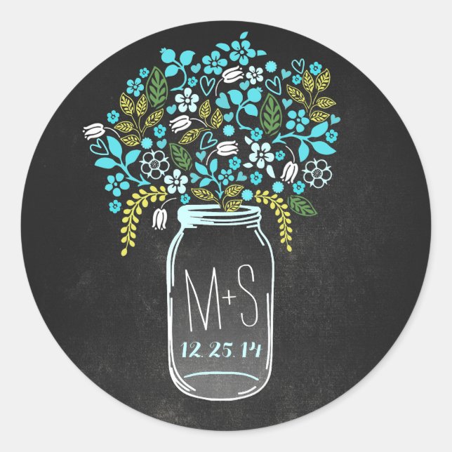 Monogramm der Hochzeiten und Datum der Mason-Glas- Runder Aufkleber (Vorderseite)