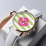Monogramm der horizontalen Streifen grün und rosa Armbanduhr<br><div class="desc">Moderne und schicke horizontale Streifen und Quatrefolien Monogramm-Design können mit Ihrem Monogramm,  Initialen,  Namen oder beliebigem Text personalisiert werden.</div>