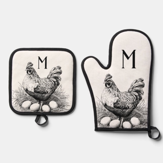 Monogramm der Hühnereier Ofenhandschuh & Topflappen-Set (Vorderseite)