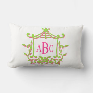 Monogramm der Kalkgrün- und rosa Pagode-Blume Lendenkissen