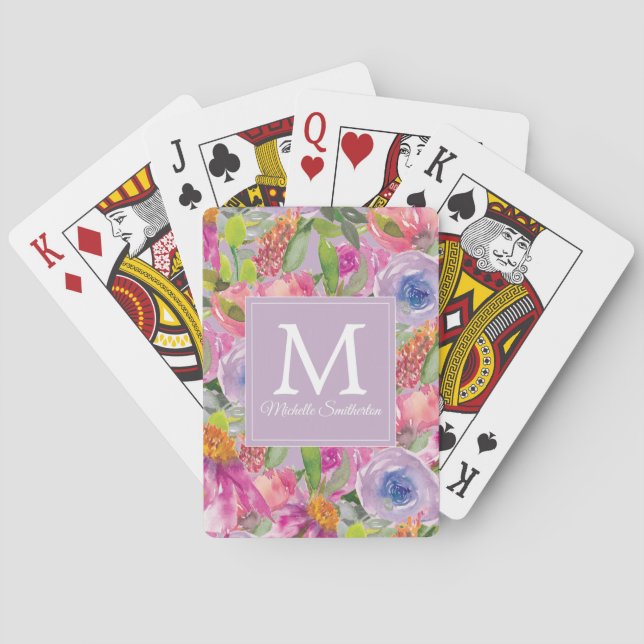 Monogramm der lila rosa Aquarell-Wildblumen Spielkarten (Rückseite)