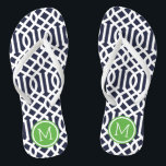 Monogramm der Marine und der grünen Trellis Flip Flops<br><div class="desc">Maßgeschneiderte,  bedruckte Flop-Sandalen mit einem stilvollen,  modernen Trellis-Muster und einem eigenen Monogramm oder einem anderen Text in einem Kreisrahmen. Klicken Sie auf Anpassen,  um Schriftart und Farben zu ändern oder eigene Bilder hinzuzufügen,  um ein einzigartiges Design zu erstellen!</div>