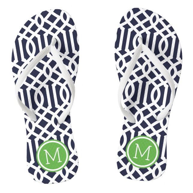 Monogramm der Marine und der grünen Trellis Flip Flops (Fußbett)