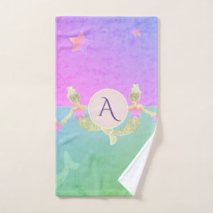 Monogramm der Meerjungfrau Rosa und Türkis Badhandtuch Set