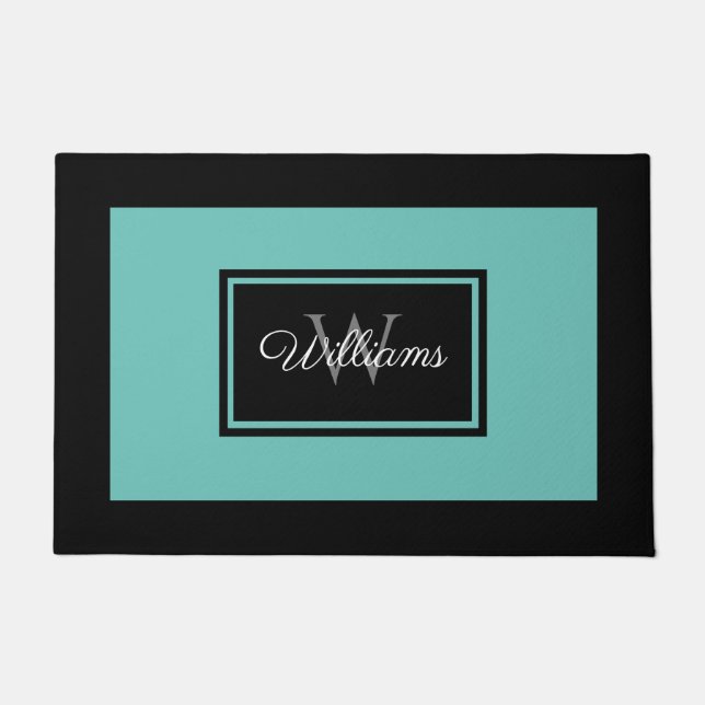 Monogramm der modernen Aquamarinen Schwarzen Famil Fußmatte (Vorderseite)