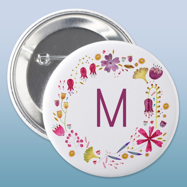 Monogramm der modernen Aquarellfarben-Blume Button (Modern monogram initial personalized watercolor wildflower floral button)