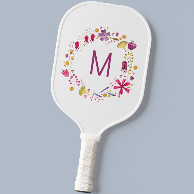 Monogramm der modernen Aquarellfarben-Blume Pickleball Schläger (Modern monogram initial personalized watercolor wildflower floral pickleball paddle)