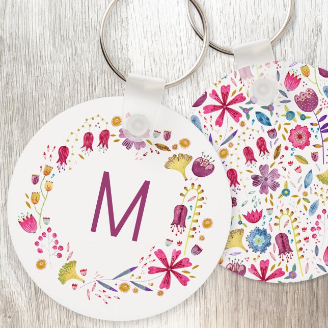 Monogramm der modernen Aquarellfarben-Blume Schlüsselanhänger (Modern monogram initial personalized watercolor wildflower floral key ring)
