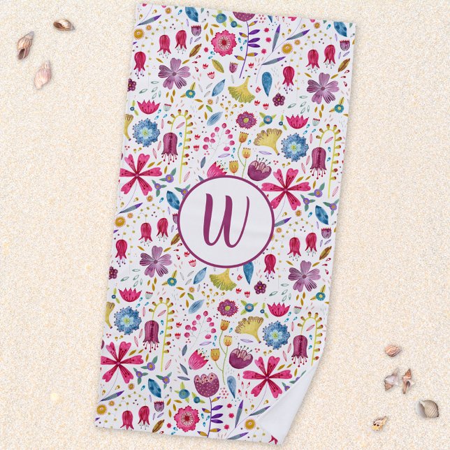 Monogramm der modernen Aquarellfarben-Hedgerow-Blu Strandtuch (Hand painted watercolor wildflower monogram initial personalized beach towel)