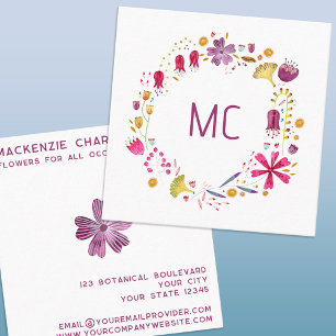 Monogramm der modernen Aquarellfarben-Wildblume Quadratische Visitenkarte