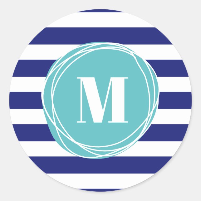 Monogramm der modernen blauen Streifen Runder Aufkleber (Vorderseite)