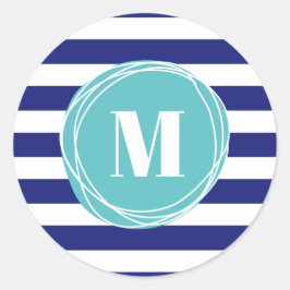 Monogramm der modernen blauen Streifen Runder Aufkleber