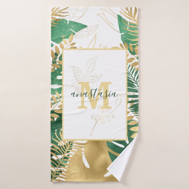 Monogramm der modernen grünen goldenen tropischen  badhandtuch set (Badehandtuch)