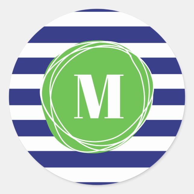 Monogramm der modernen grünen und blauen Streifen Runder Aufkleber (Vorderseite)