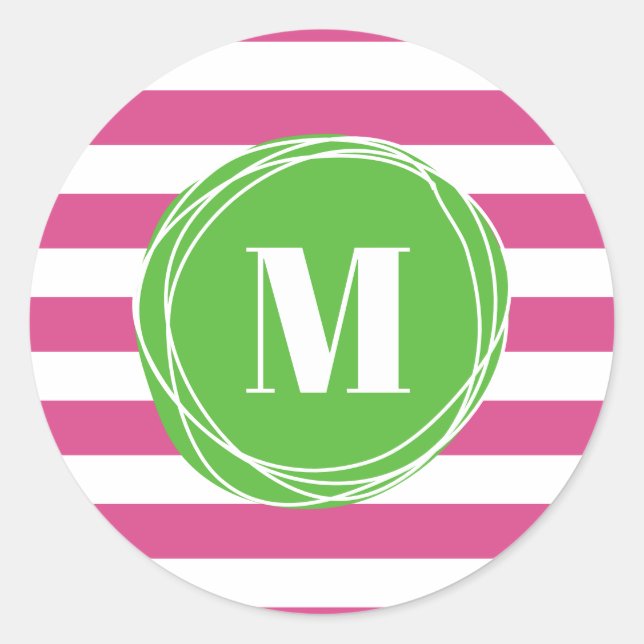 Monogramm der modernen grünen und rosa Streifen Runder Aufkleber (Vorderseite)