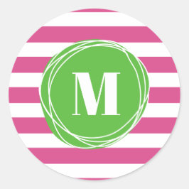 Monogramm der modernen grünen und rosa Streifen Runder Aufkleber