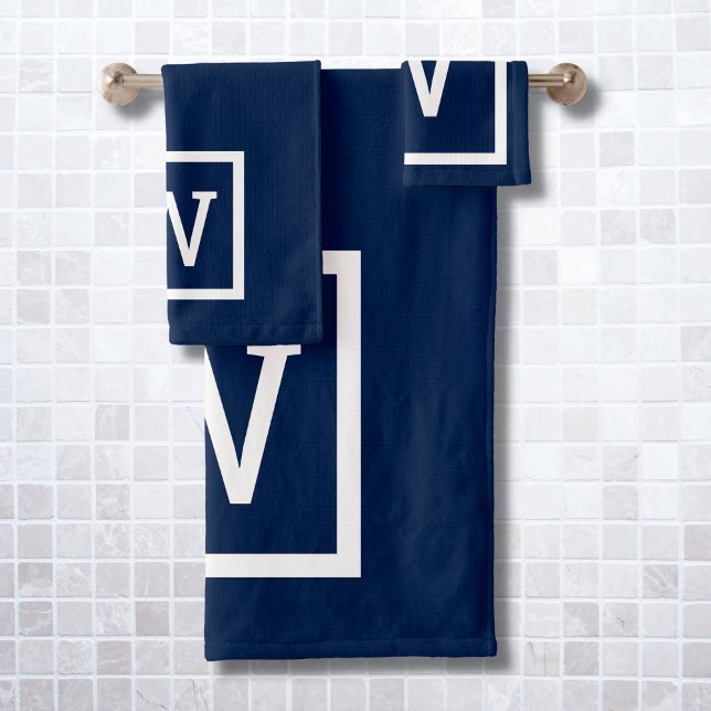 Monogramm der modernen Navy Blue Square-Grenze Badhandtuch Set (Von Creator hochgeladen)