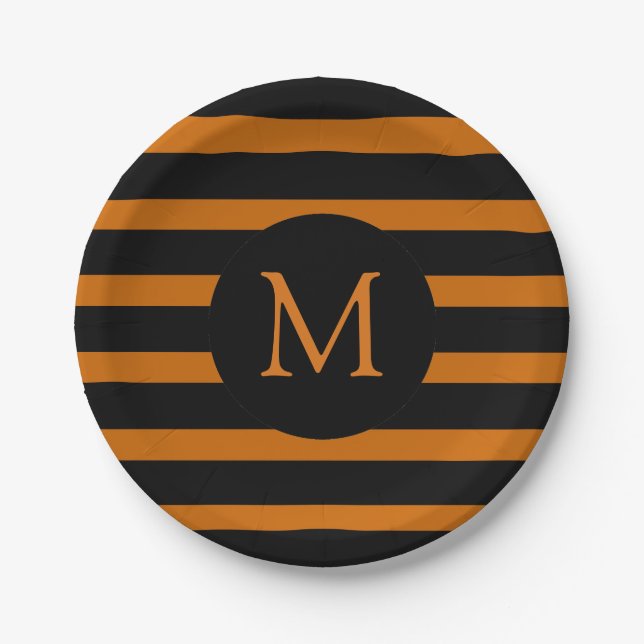Monogramm der modernen orangen und schwarzen Strei Pappteller (Vorderseite)