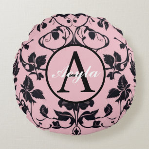 Monogramm der modernen rosa und schwarzen Rose Rundes Kissen